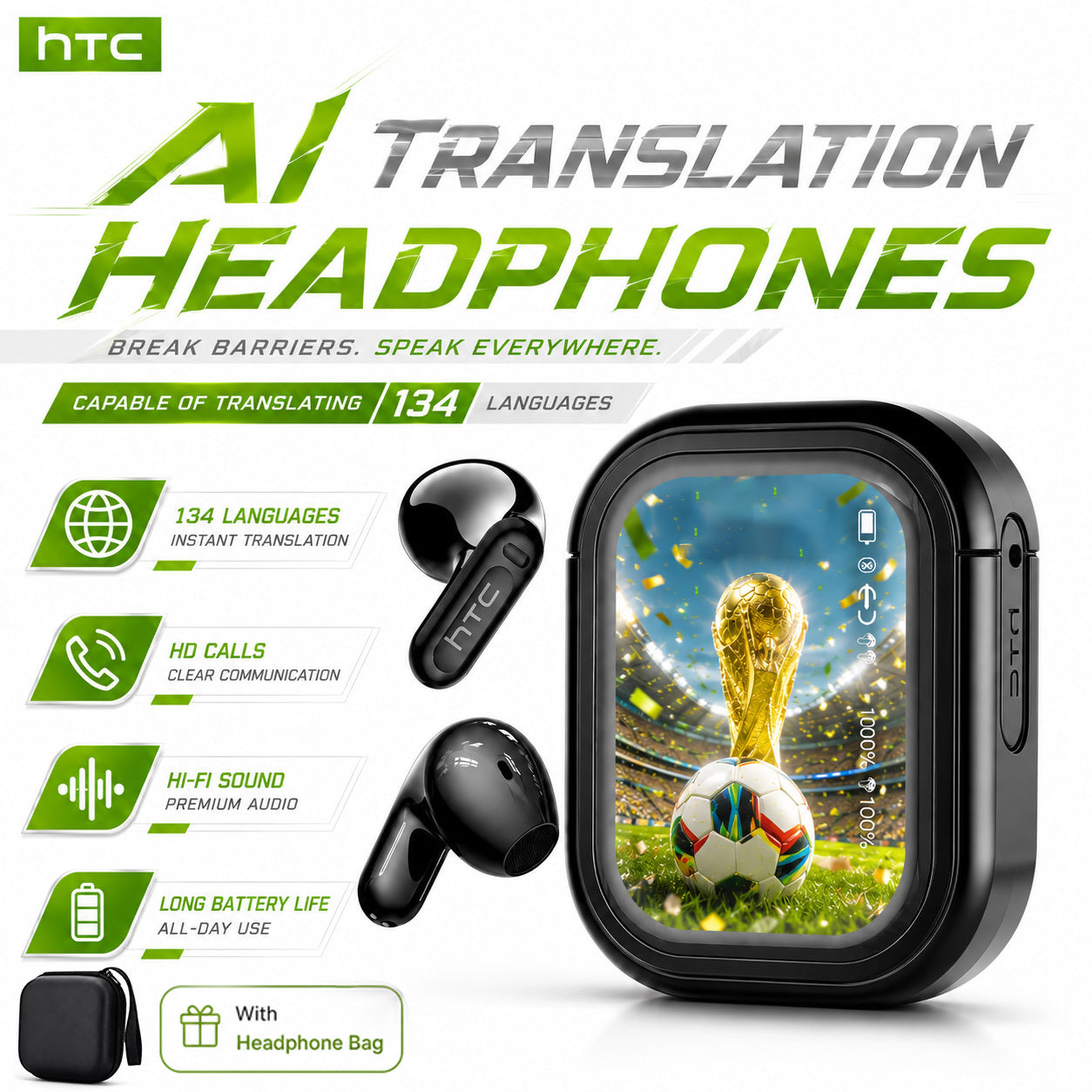 HTC NE20 New Ai Ai Translation Earphones, Real-time Translation Of 134 Languages, High-definition Screen Display, Multifunctional Earphones, Wireless 6.0 Tws High Fidelity Sound Quality, Long Battery Life, Suitable For Exercise, Daily Wear