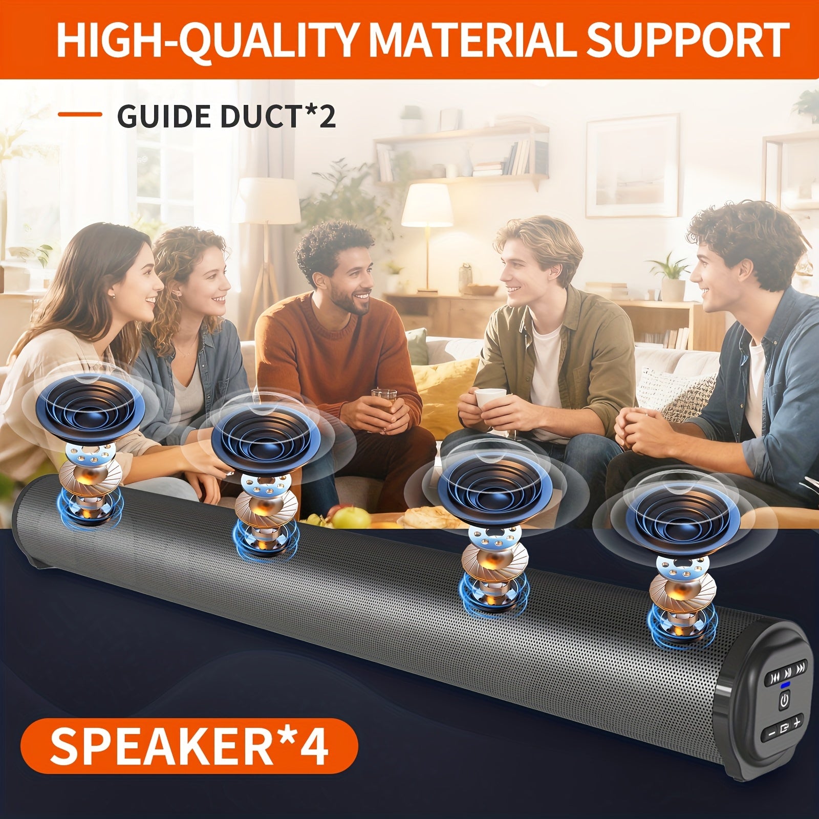 A 4D Echo Pearl Surround Sound Speaker System with Hi-Fi Subwoofer, Compatible with TVs and Computers. Features Infrared Remote Control with Both Wired and Wireless Functionality. A Portable Wireless Soundbar, Suitable for Laptops and Home Theater
