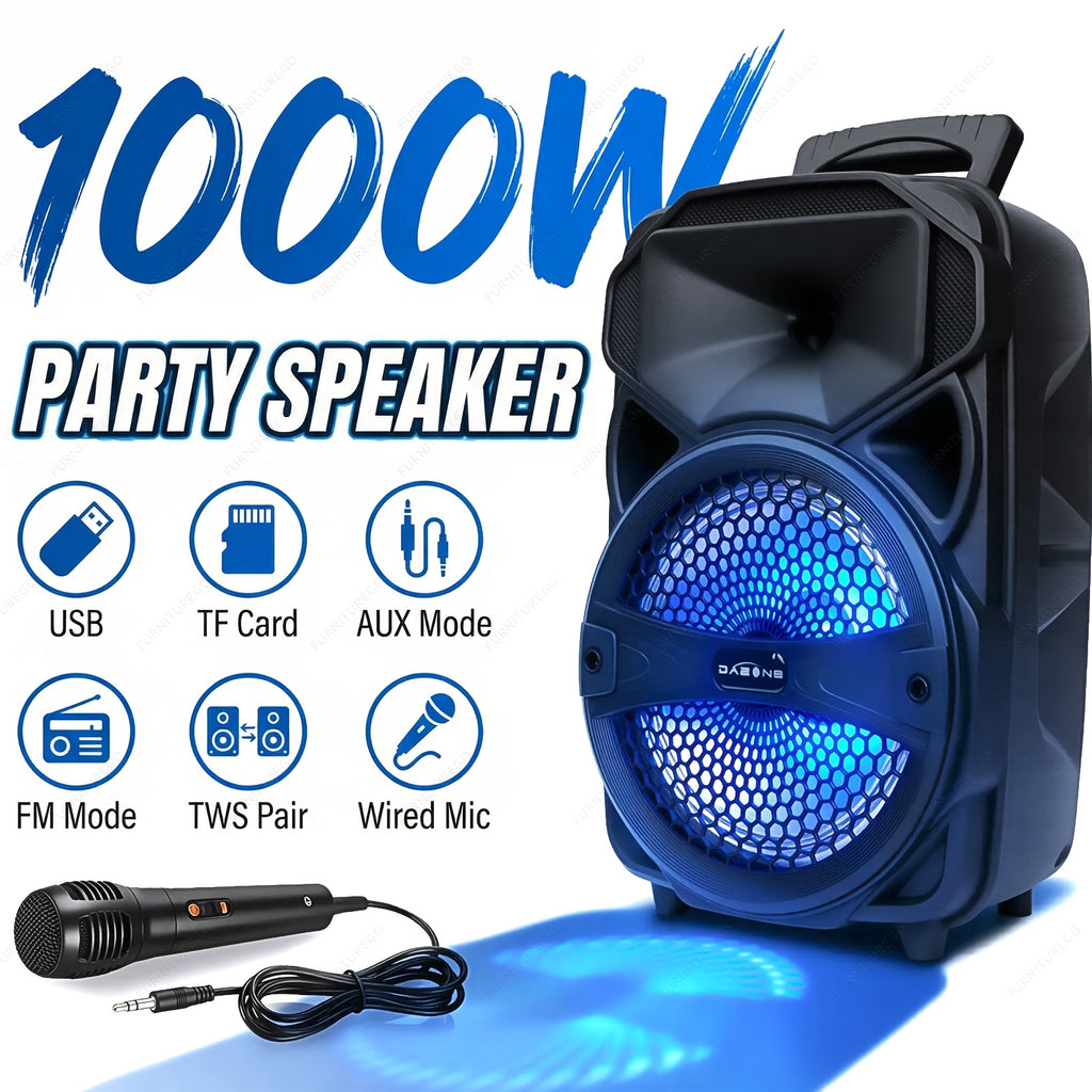 1000W Portable Wireless Party Speakers Loud Sound System with Subwoofer, Bass, 8-inch Speaker Karaoke Machine, FM Radio, EQ Mode, Strobe Lights with Wire Microphone, Remote Controls
