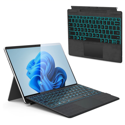 Surface Pro Keyboard With 7 Colors Backlit, Ultra-Slim BT Wireless 15 Meter Keyboard With Touchpad For Microsoft Surface Pro 8/9/10/11/X 13 Inch, Surface Pro 7 Plus/7/6/5/4/3 12.3 Inch, 750mAh Rechargeable Battery, Type Cover Trackpad