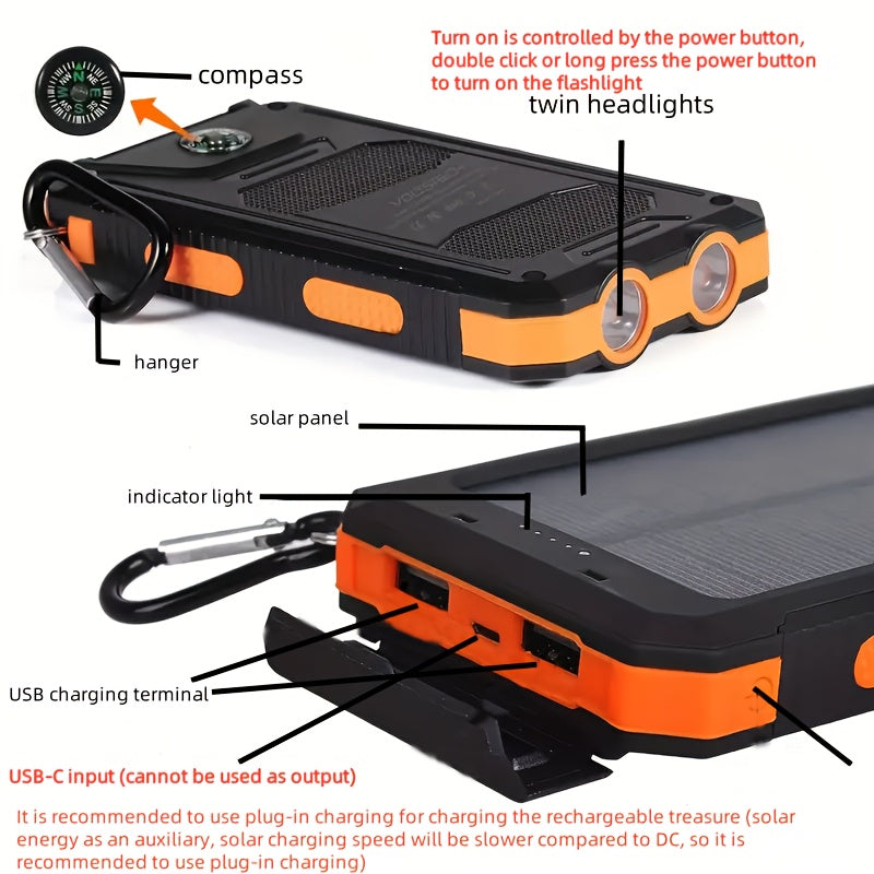 2025 Super 10000mAh USB Portable Charger Solar Power Bank for Mobile Phones, Solar Power Bank, Mobile Power Bank, Portable Charger for All Devices - Long-lasting, Travel Camping, LED Flashlight, Compass, And Hiking Clip, Best Gift for Holidays