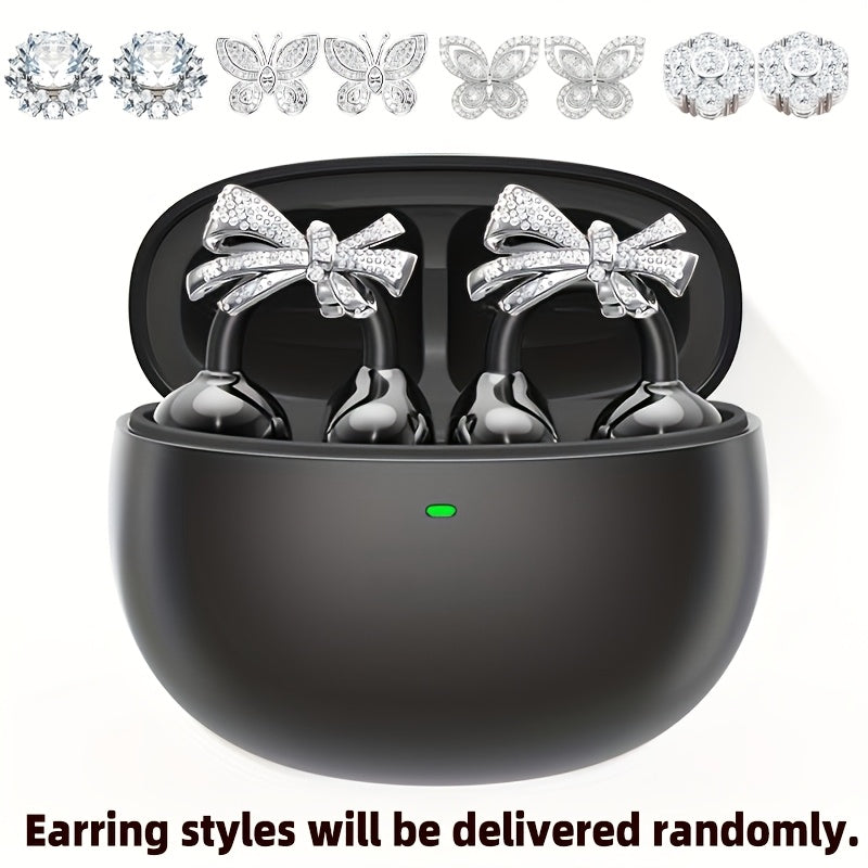 Clip On Earbuds, Open Wireless Earphones, With Detachable Beautiful Synthetic Gemstonestone Earrings, HD Stereo Sound, ANC Noise Reduction, Hands-Free Call, Designed For Exercise/ Sports/ Work/ Study/ Outdoors, Compatible With All Smartphones