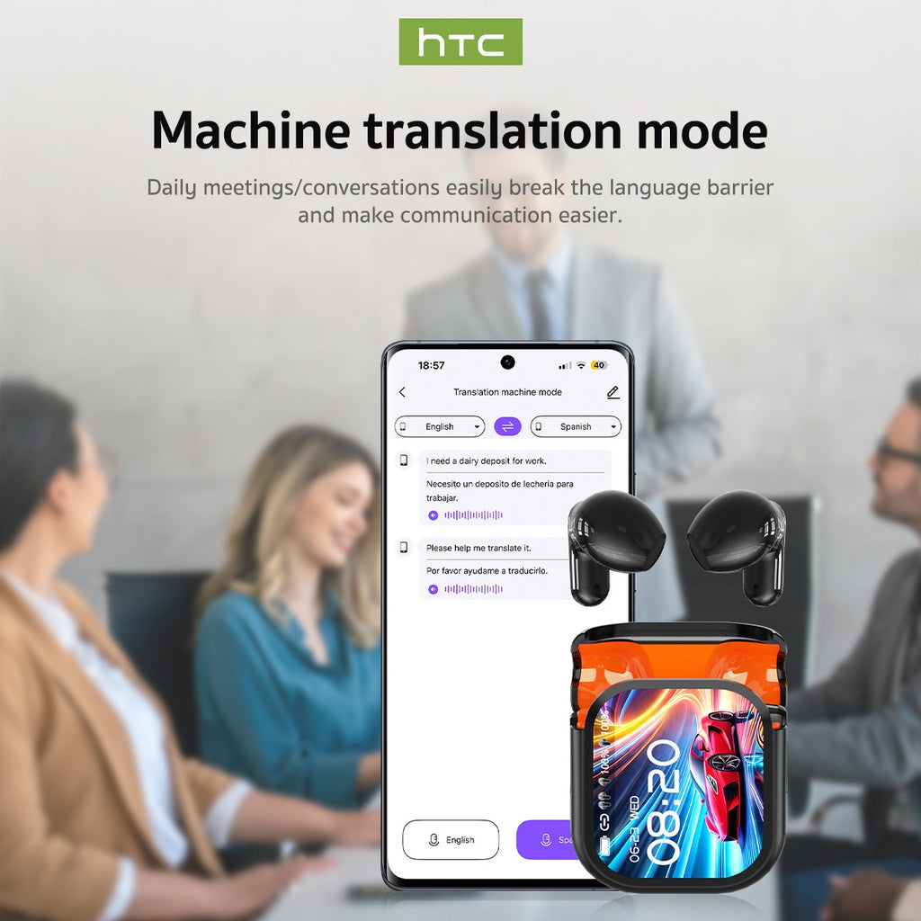 HTC NE20 AI Translator Headset with Real-Time Translation in 131+ Languages, Wireless 6.0 Wireless, Long-Lasting Battery, Touch Control, Smart LCD Screen, Gaming Mode, Compatible with PC/Phone/Tablet - for Travel, Gaming, Business, Everyday Use - Lightwei