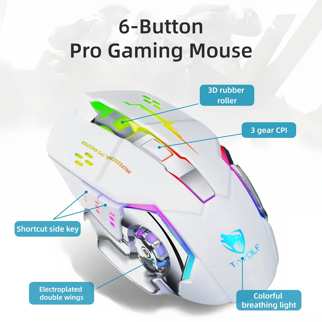 RGB Wireless Gaming Mouse, T-WOLF 2.4GHz + Wireless Rechargeable Mouse, Ergonomic Full Size Large Mouse For Long Hours Of Work Gaming And Study, Laptop PC Tablet Computer And Gaming Accessories, Back To School Gift