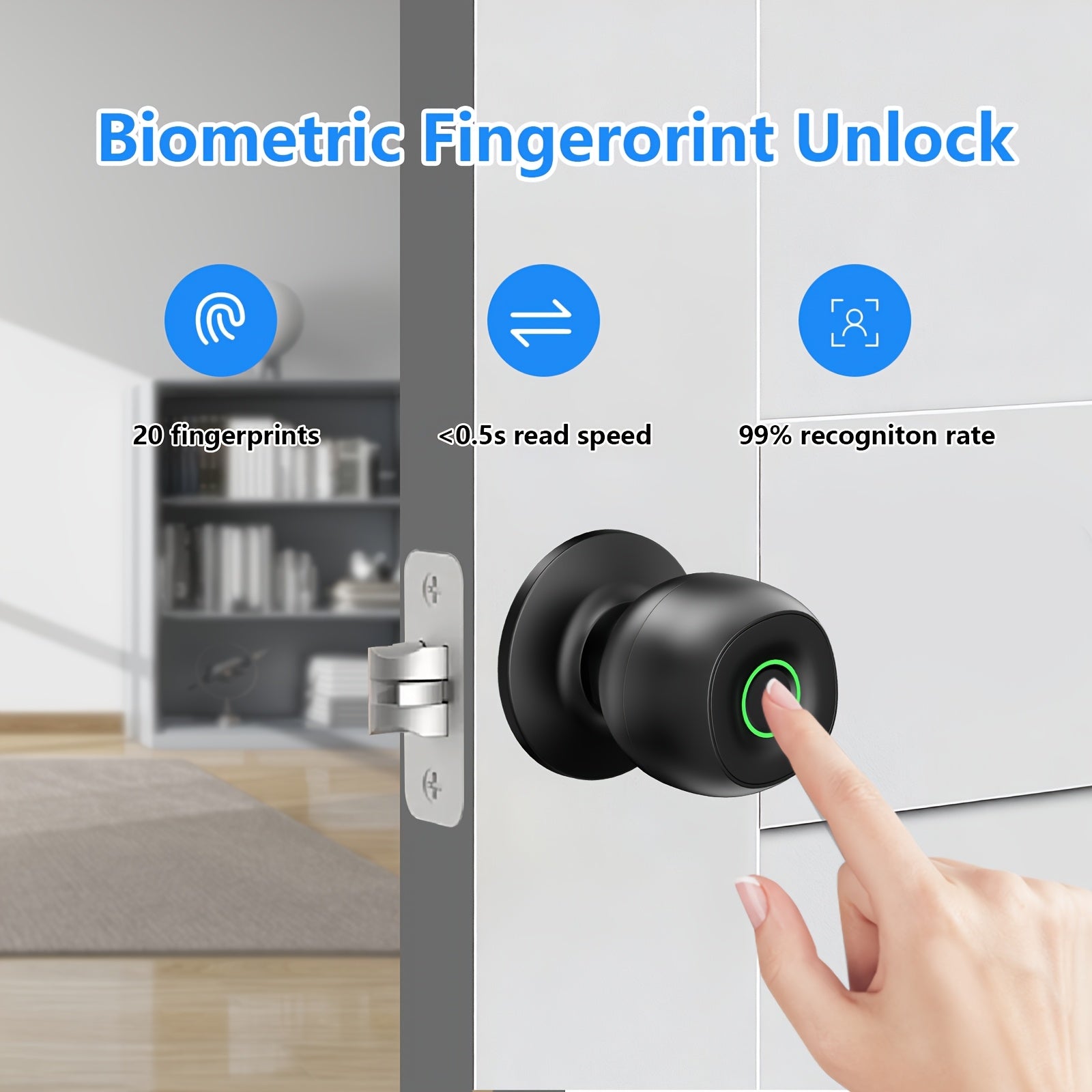 Smart Door Knob Lock, Keyless Entry Door Lock With Fingerprint, Biometric Entry, App-Controlled Wireless Connection, Physical Key, Suitable For Bedroom Home Hotel Office