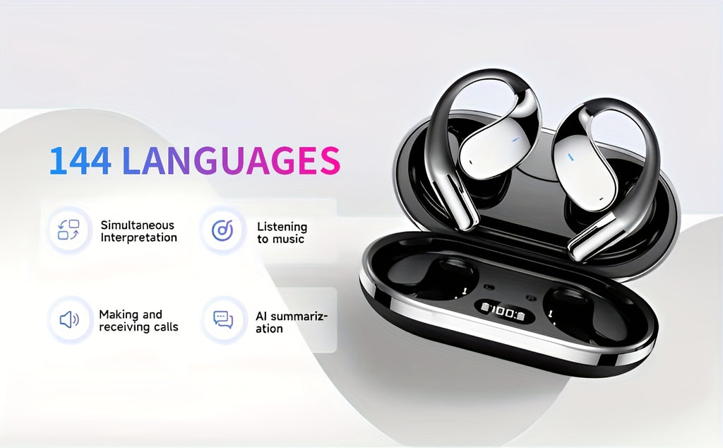 Menzluio AI Translation Earbuds, Bone Conduction Wireless Headphones, 144 Languages Real-Time Translation, 6-Mic Smart Noise Cancellation, Meeting Recording Real-Time Translation, Touch Control, Deep Bass