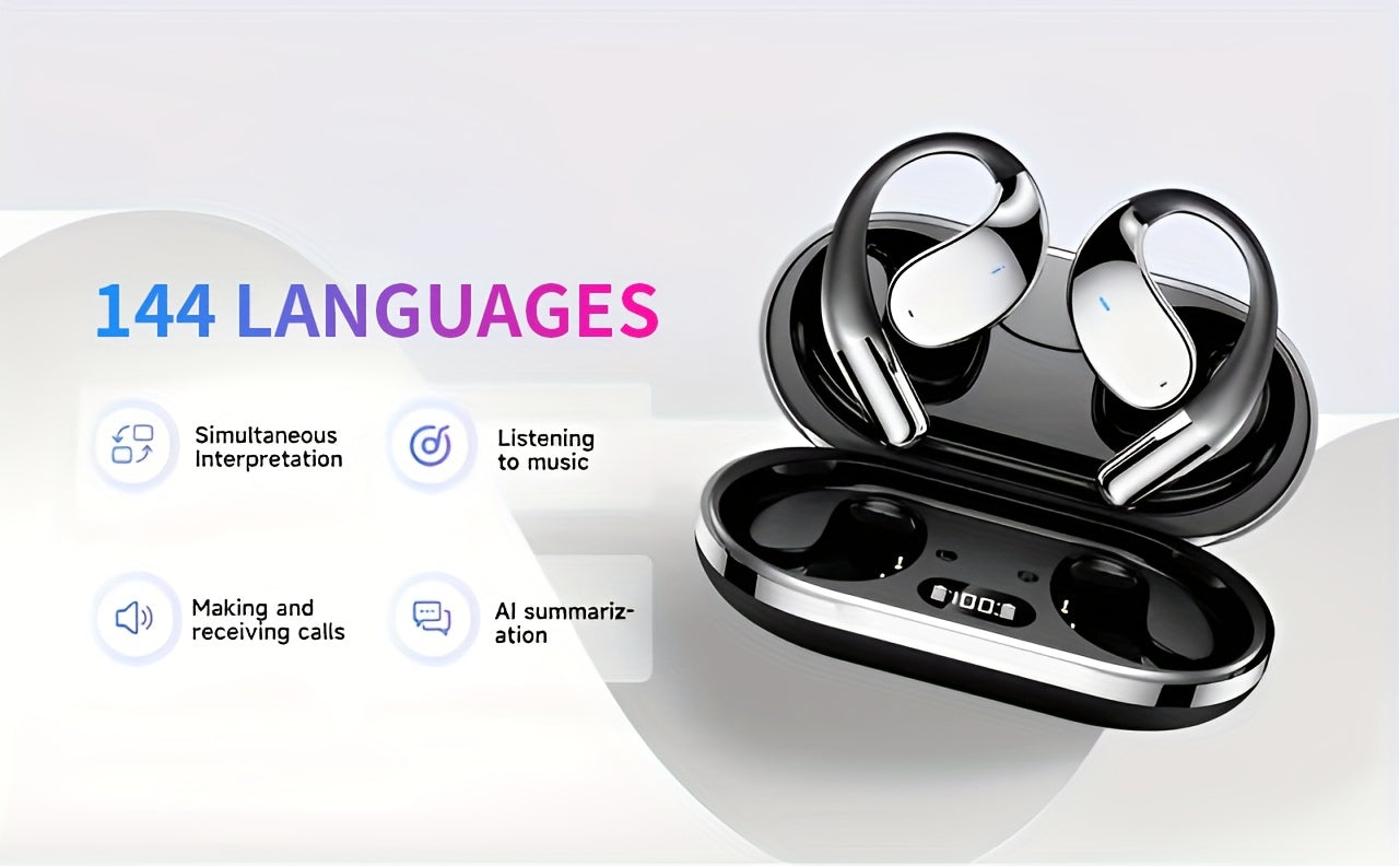 Menzluio AI Translation Earbuds, Bone Conduction Wireless Headphones, 144 Languages Real-Time Translation, 6-Mic Smart Noise Cancellation, Meeting Recording Real-Time Translation, Touch Control, Deep Bass
