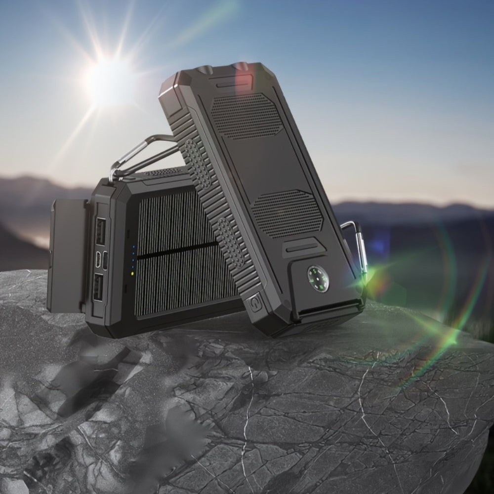 20000mAh Portable Solar Power Bank, Portable Solar Mobile Phone Charger, Camping External Battery Charger for Mobile Phones, 2 USB/ LED Flashlights with Compass for Outdoor Activities