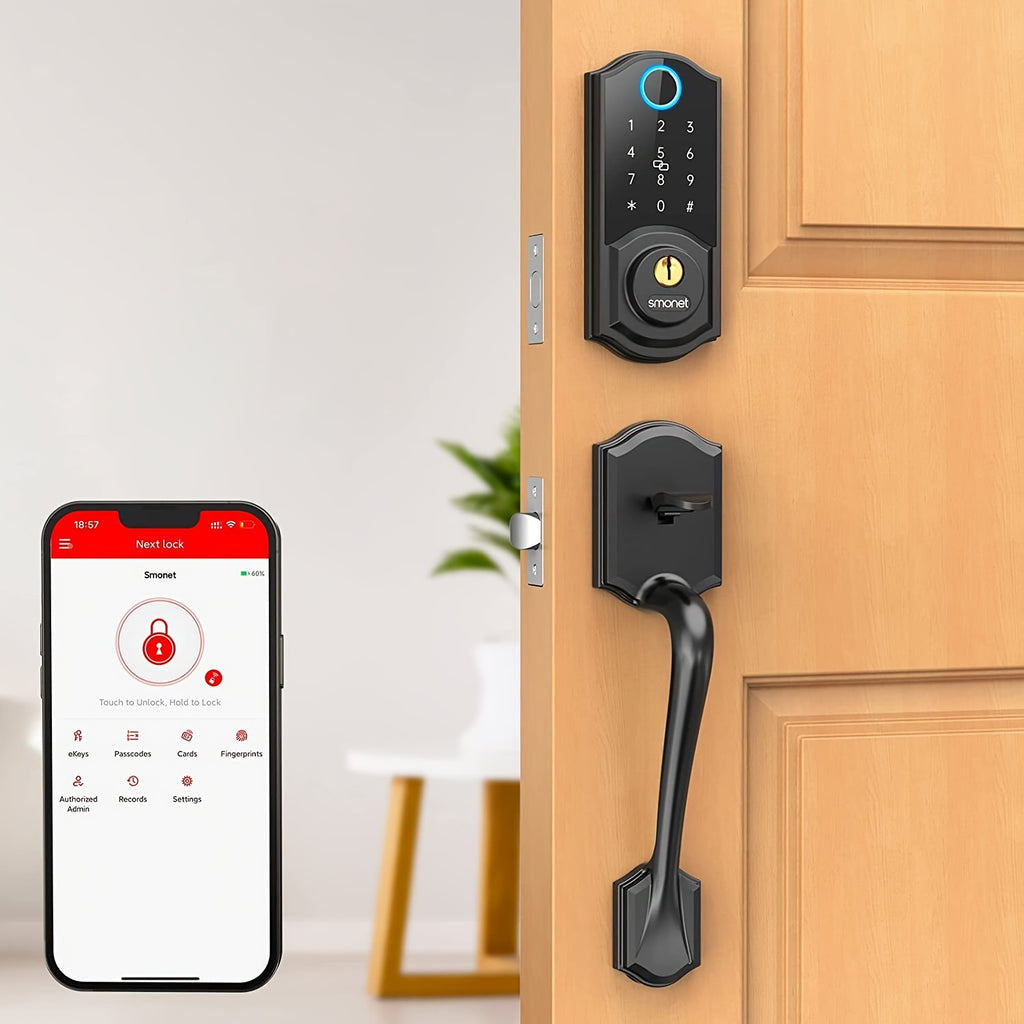 SMONET Smart Front Door Lock Set Keyless Entry Door Lock with Handle Fingerprint Smart Deadbolt Bluetooth Electronic Digital Keypad Lock Phone APP Auto Lock for Home Office Airbnb Hotel