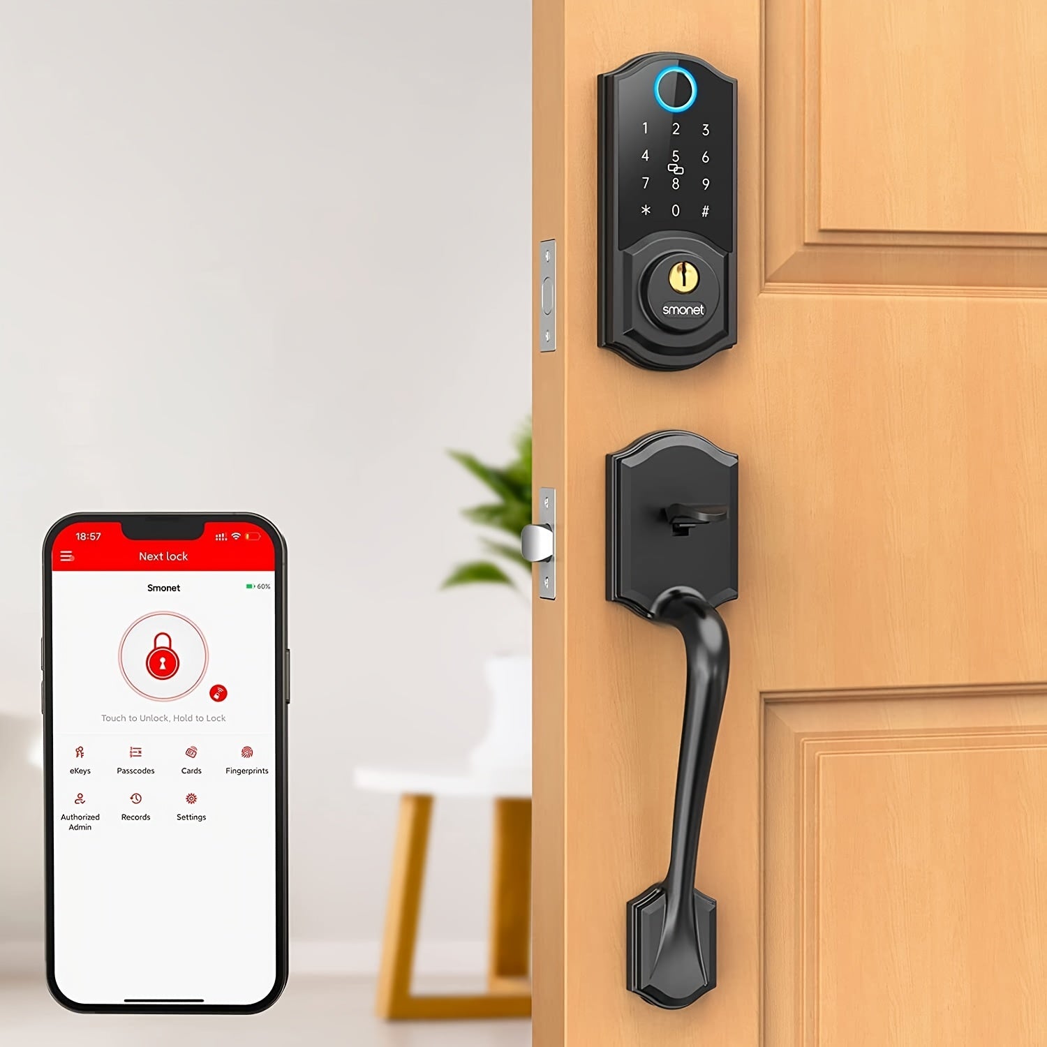 SMONET Smart Front Door Lock Set Keyless Entry Door Lock with Handle Fingerprint Smart Deadbolt Bluetooth Electronic Digital Keypad Lock Phone APP Auto Lock for Home Office Airbnb Hotel