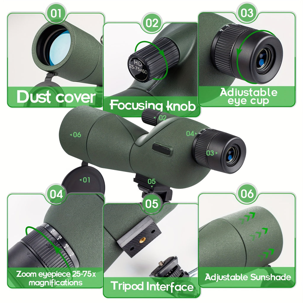 25-75x60 Spotting Scopes With Tripod Carrying Bag And Smartphone Adapter For Target Shooting Hunting Bird Watching Gifts For Dad