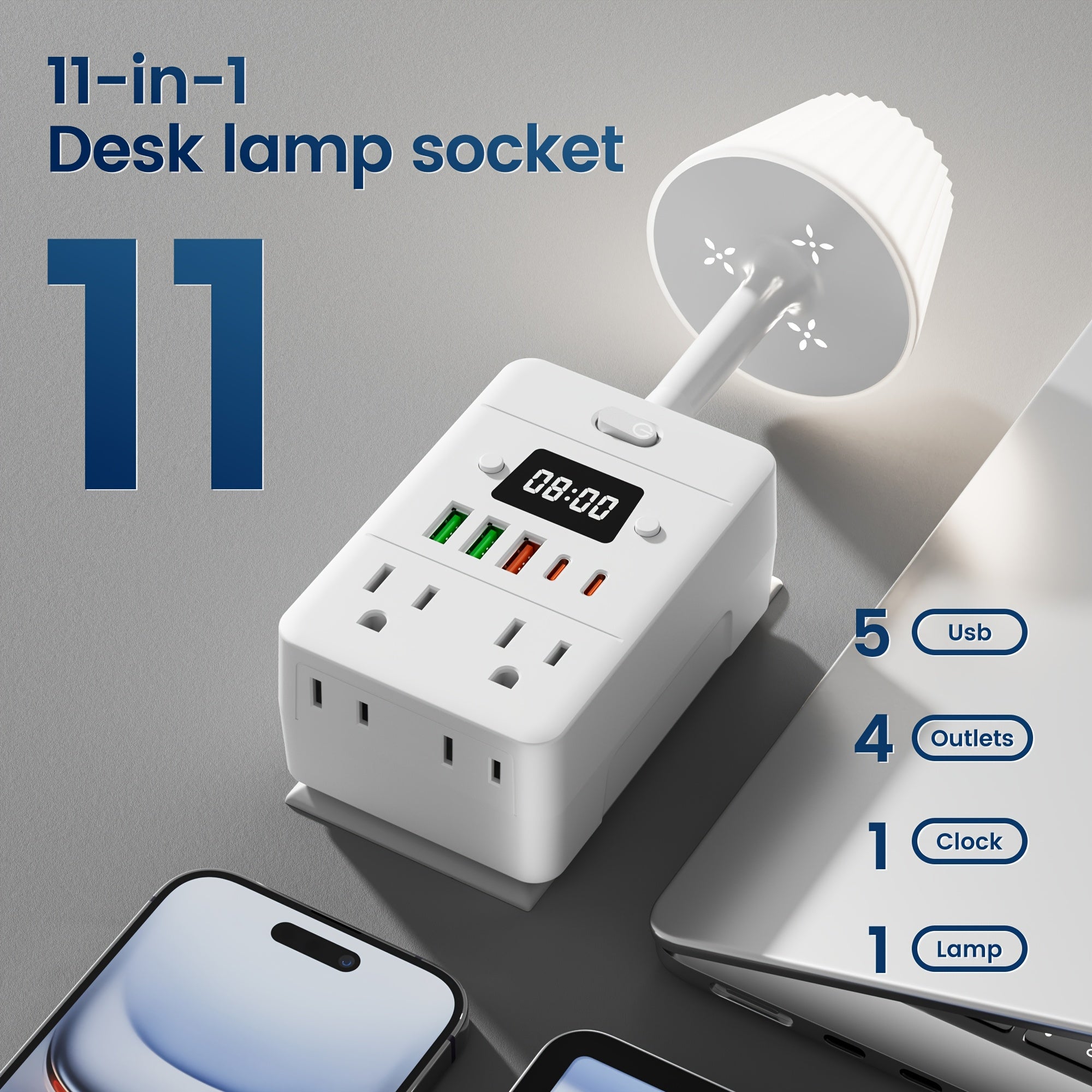 1pc Multi-Outlet Surge Protection Power Strip with Desk Lamp And Clock - 4 AC Outlets with 3 USB-A Ports And 2 USB-C Ports - Power Outlet for Office, Study, Home, And School Use - Power Socket with Overload Protection