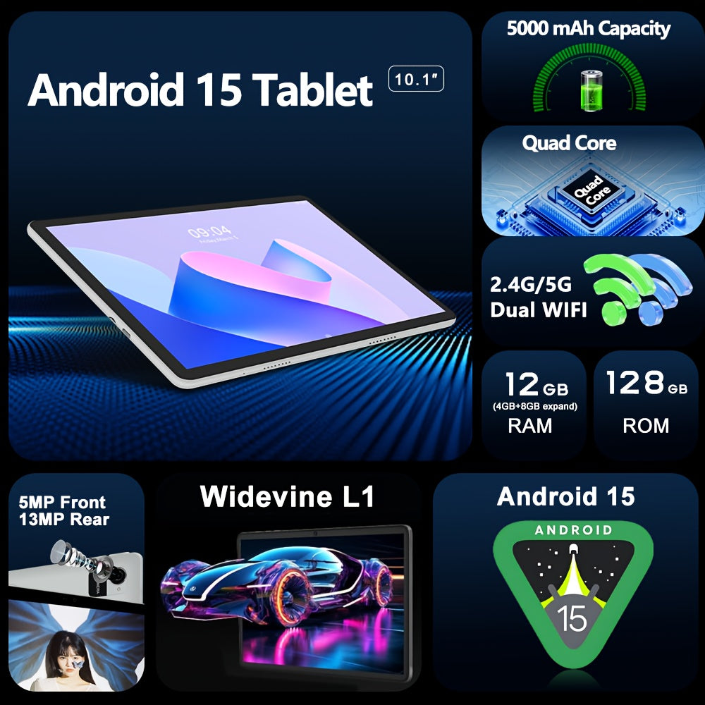 CRELANDER 2025 NEW Android Tablet with a 10. 1 Inch IPS Touch Screen, 2-In-1 Design Including a Protective Case, Optional Keyboard, Mouse, And Stylus. It Features 12GB RAM (4GB + 8GB Expandable) And 128GB Storage, Supporting a 1TB TF Card