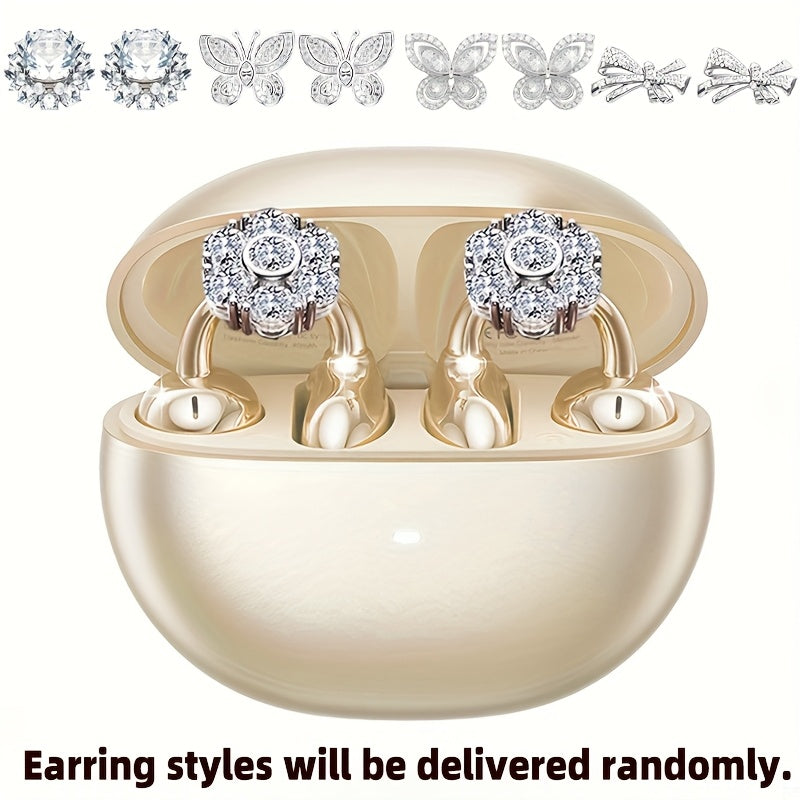 Clip On Earbuds, Open Wireless Earphones, With Detachable Beautiful Synthetic Gemstonestone Earrings, HD Stereo Sound, ANC Noise Reduction, Hands-Free Call, Designed For Exercise/ Sports/ Work/ Study/ Outdoors, Compatible With All Smartphones