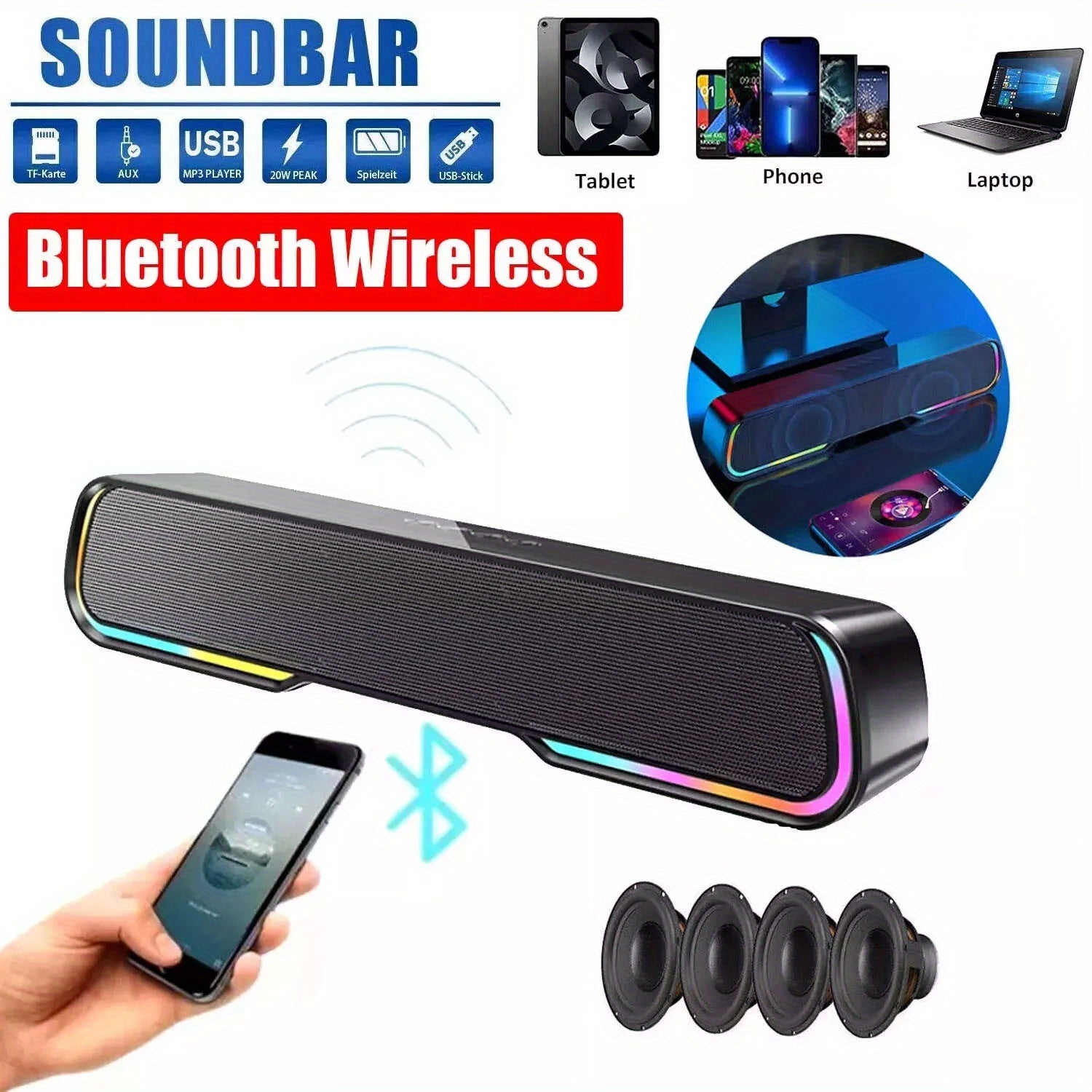 Soundbar Speaker with Subwoofer for Music Playback, HiFi Stereo Speaker, Home TV Surround Sound, Surround System for Home Theater, TF/AUX/U Disk/TWS, Perfect for Gaming And Home Theater Setup, PC, Laptop, Smartphone, Tablet, Gaming Console, High