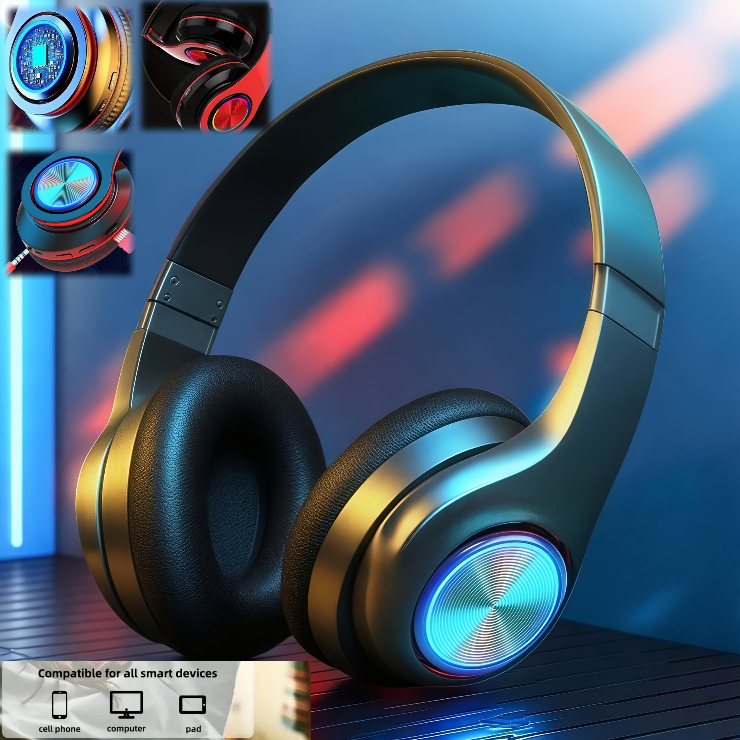 Wireless Headphones, 2025 NEW Headset Subwoofer 5.3 Mobile Computer Game Music Sports Over Ear Earphones, Headphones Wtih LED Light, Portable Folding Headphone Active Noise Canceling Headphones, Wireless Headphones with Deep Bass, USB Rechargeable