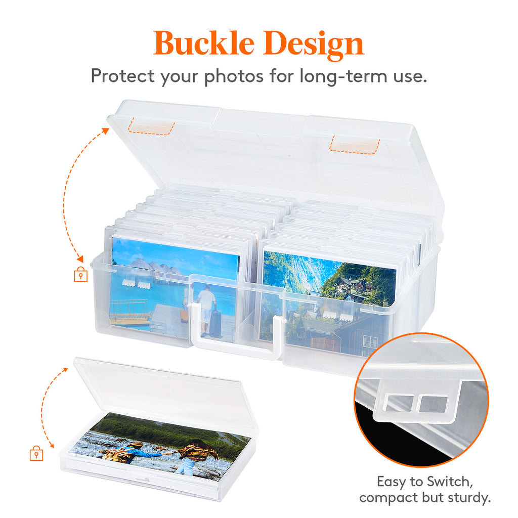 Photo Storage Box 4x6 Photo Case, 14 Inner Photo Keeper, Clear Photo Boxes Storage with 1 Sheet Label Sticker, Plastic Craft Storage Box with lids for Cards Pictures Stamps Office Supplies