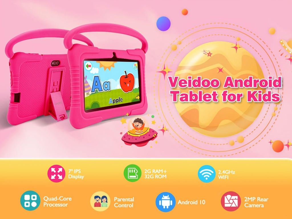[Kids | Tablet] Veidoo 7 inch Kids Tablet | 2GB RAM+32GB ROM, Security Eye Screen, WiFi, Dual Camera, Educational Games, Parental Control APP, Android Tablet, Tablet with Drop Proof Silicone Cover (Pink)