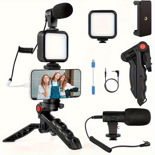 Vlogging Kit for Phone, Portable Setup with Mini LED Video Light, Cardioid Microphone, Phone Clip & Tripod, for YouTube, Instagram, Video Calling, Streaming, Content Creation