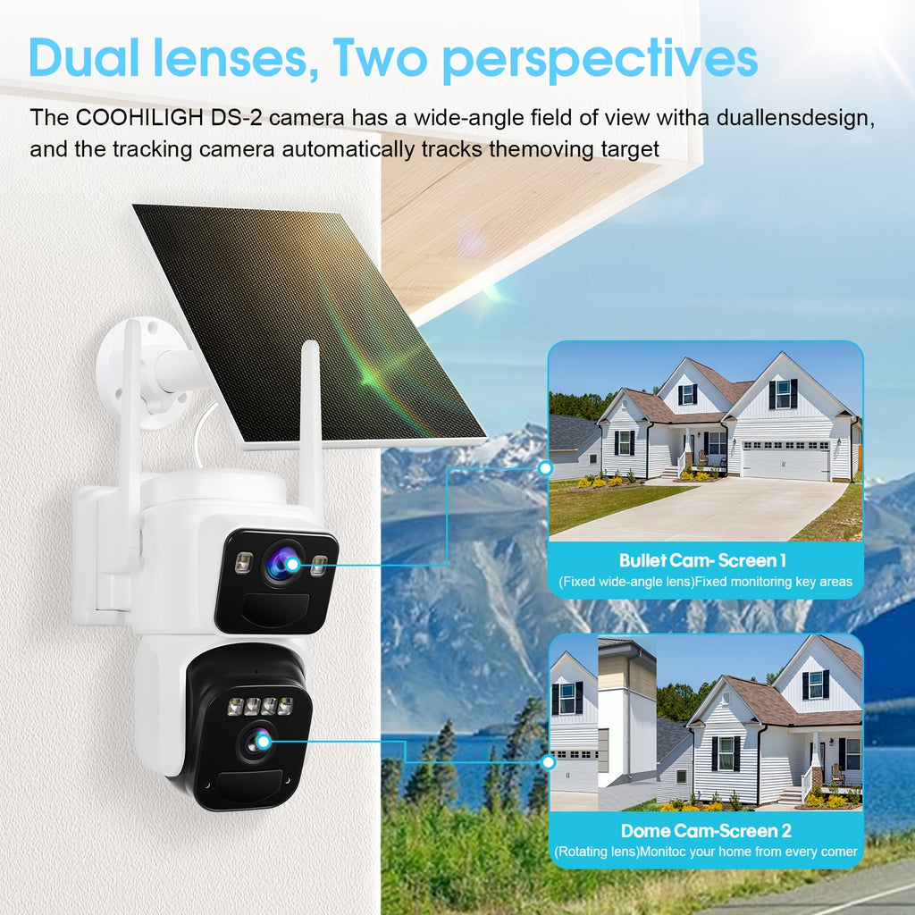 2 Lens Solar Wireless Outdoor Security Camera, WiFi Battery Powered Home Camera With Color Night Vision, PIR Sensor, Two-Way Audio, Waterproof, Spotlight Alarm, 256GB TF Card Support.solar Security Camera