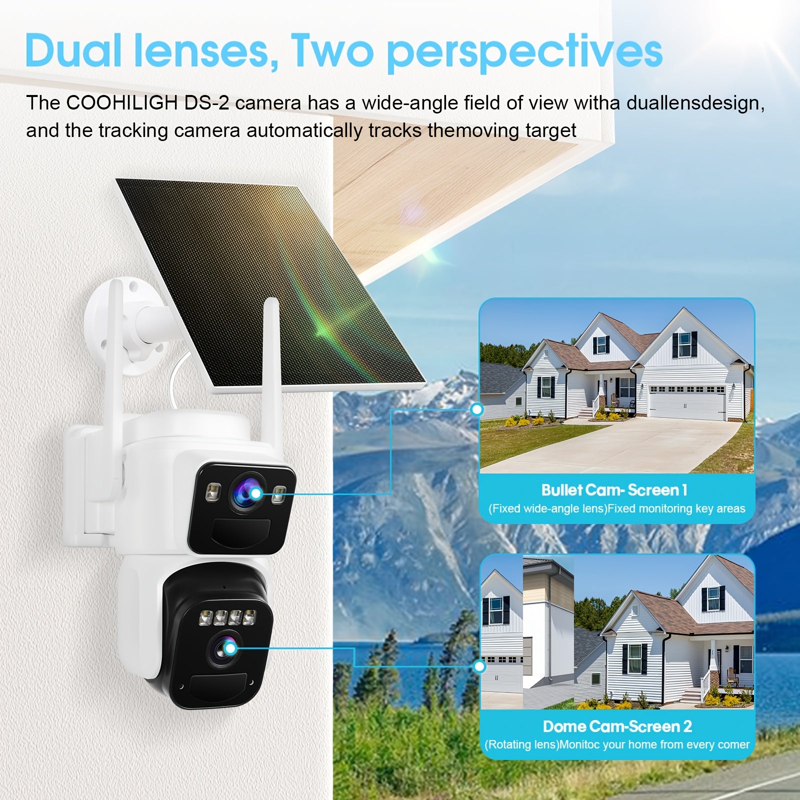 2 Lens Solar Wireless Outdoor Security Camera, WiFi Battery Powered Home Camera With Color Night Vision, PIR Sensor, Two-Way Audio, Waterproof, Spotlight Alarm, 256GB TF Card Support.solar Security Camera