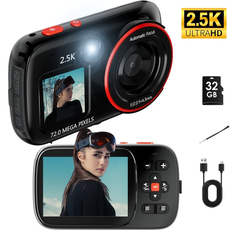 Digital Camera, Vlogging Camera, 72MP 2.5K Compact, 16X Zoom, Auto Focus - Vintage CCD Camera with 32GB Card - Ideal Retro Gift for Teens, Begginers
