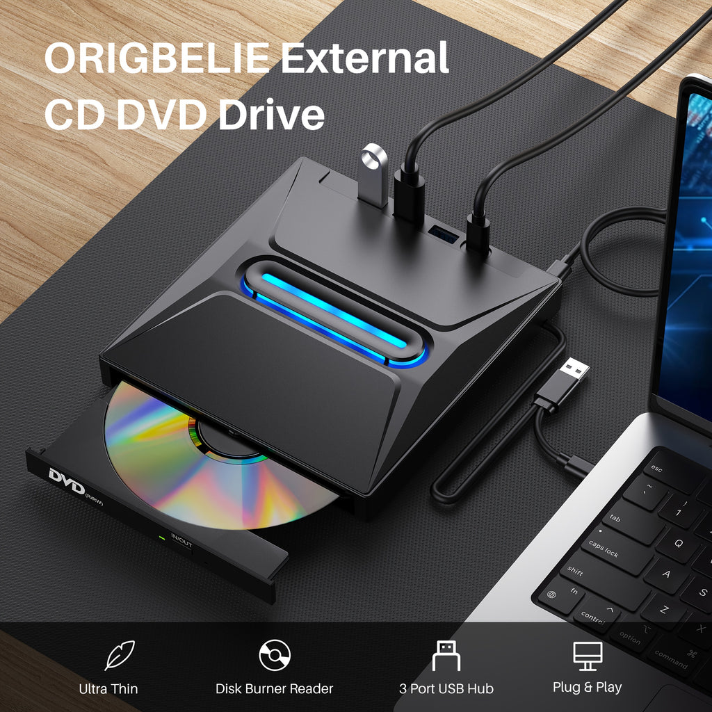 New 8-in-1 Luminous External CD DVD Drive, USB 3.0 Type-C Portable CD/DVD +/-RW Burner Player Hub With 3 USB Ports, TF/SD Card Reader, Compatible With Laptop Desktop PC Windows Linux OS