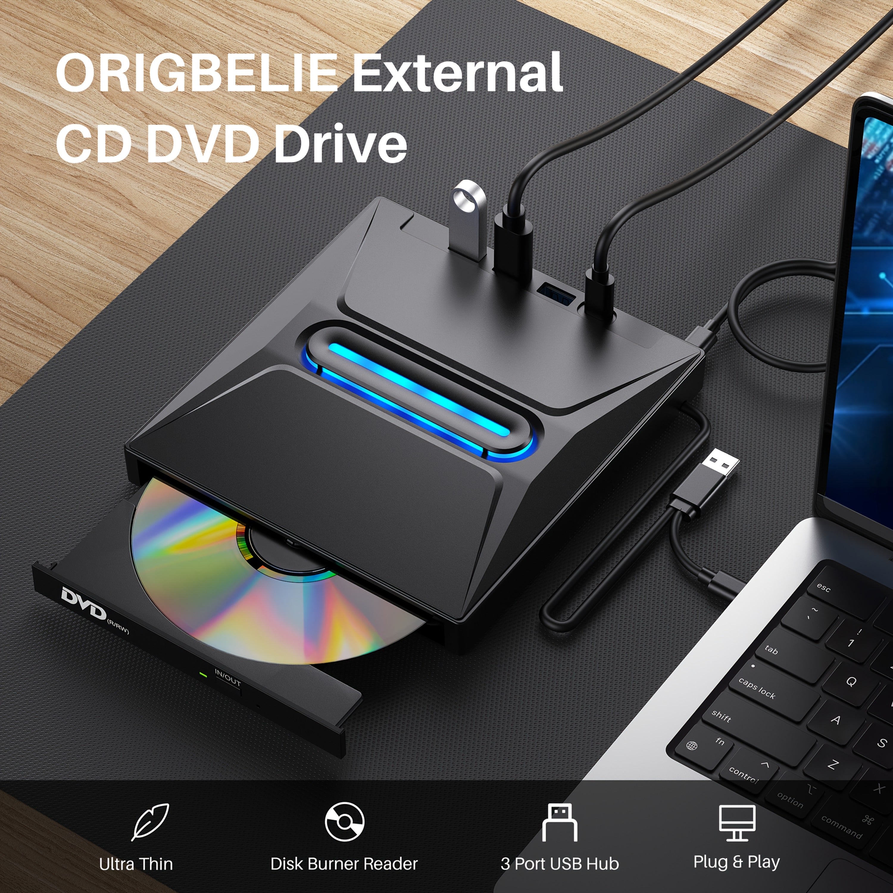 New 8-in-1 Luminous External CD DVD Drive, USB 3.0 Type-C Portable CD/DVD +/-RW Burner Player Hub With 3 USB Ports, TF/SD Card Reader, Compatible With Laptop Desktop PC Windows Linux OS
