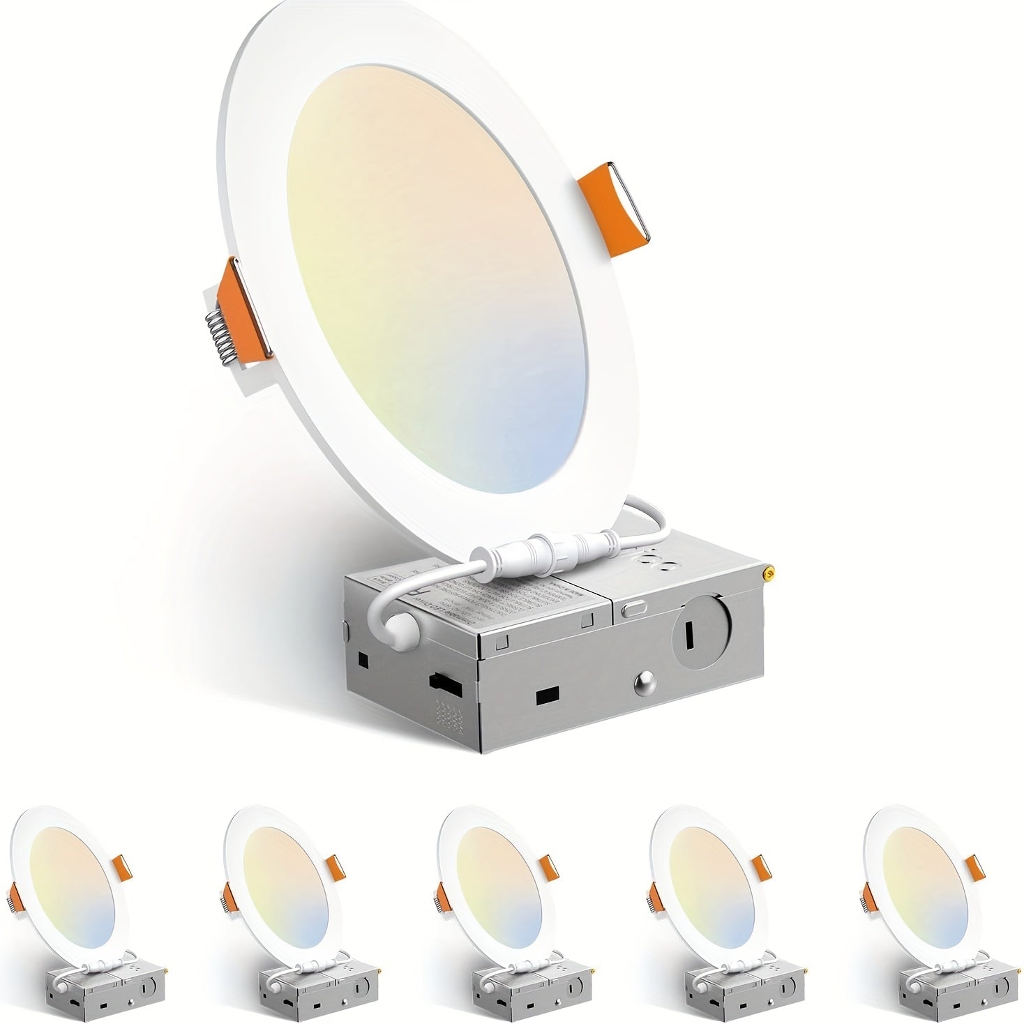 6-inch 5CCT LED Recessed Ceiling Light Junction Box, 2700K/3000K/3500K/4000K/5000K Options, 1050LM Brightness, Dimmable Slotless Crystal Cylinder Light, 12W-ETL&FCC