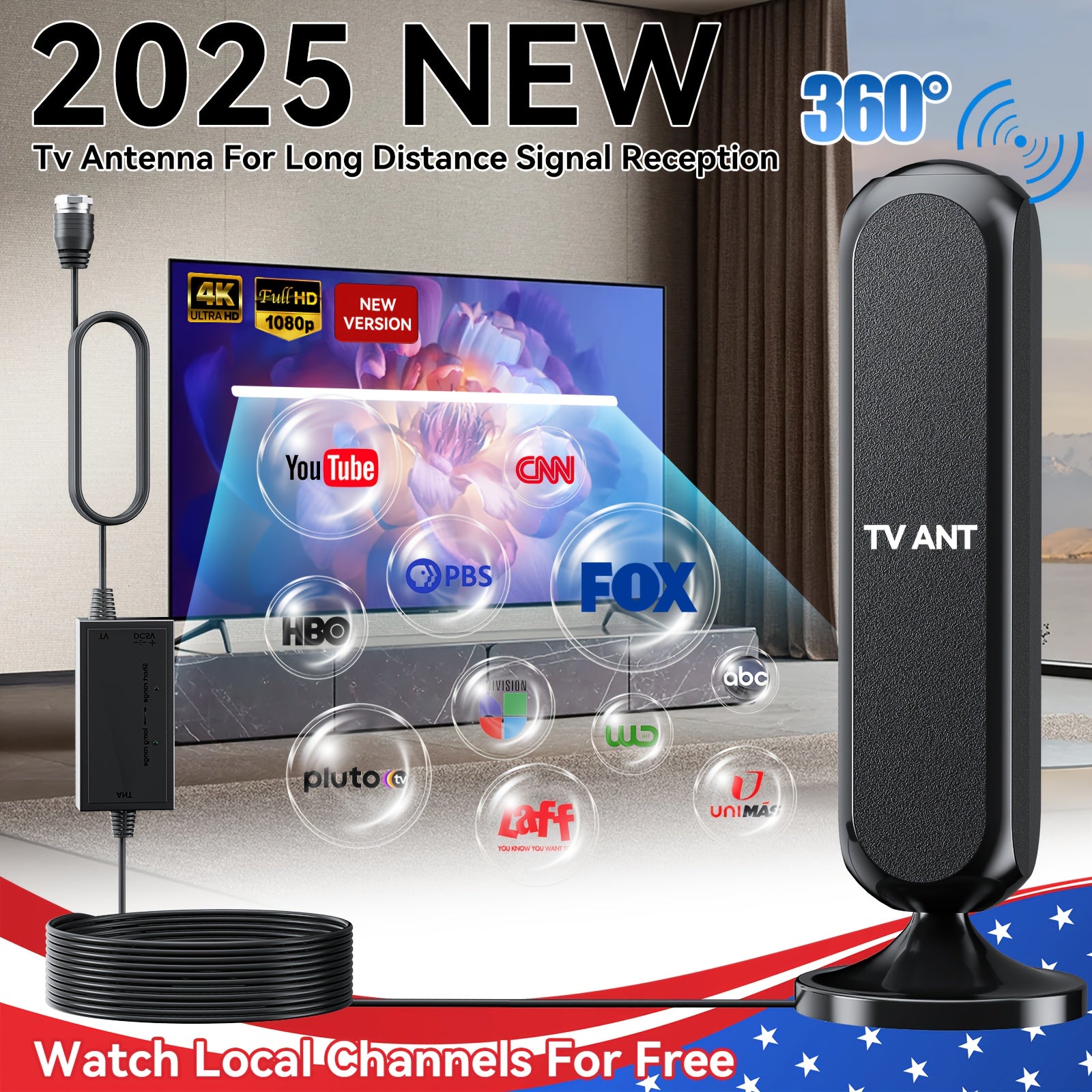 Indoor Satellite TV Antenna With A Range Of 200 Kilometers, Featuring HD 1080P And 4K Signal Amplification. Cable Length: 16 InchesIt Delivers 360° Enhanced Signal Stability For Local Channels, Providing Access To All Free-to-air Channels. Ideal For
