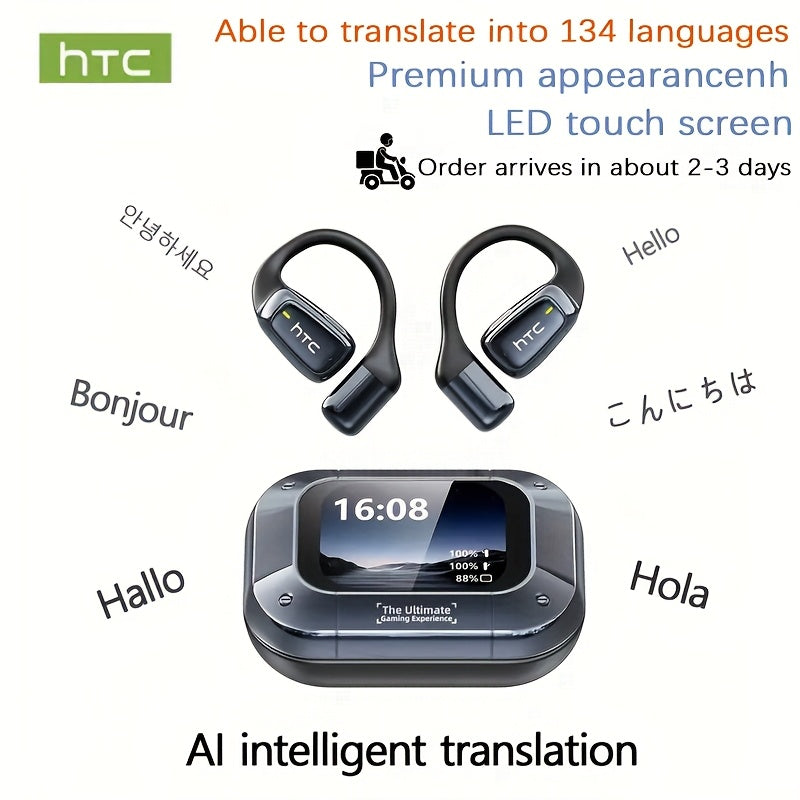 HTC NE25 New AI Smart Translation Wireless Earphones, Open-Back Wireless Headphones, Hi-Fi, HD Sound Quality, Lightweight And Portable, Supports 135 Languages, Long Battery Life, LED Full-Color Smart Screen, Low Latency, Suitable for Gaming