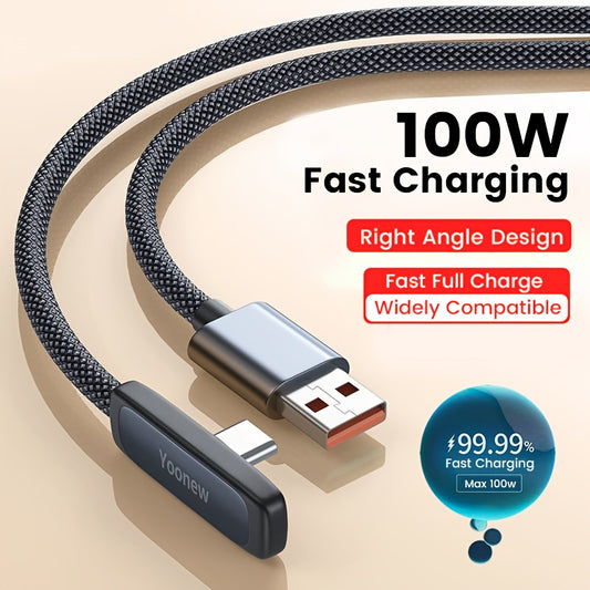 KAXOE 100W Fast Charging USB C Phone Charger Cable | PD Type-C to Type-C, 90 Degree Elbow, PVC, Oxygen-Free Copper Core, Supports Data Transmission, Compatible with iPhone, Samsung, OPPO, for xiaomi