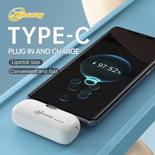 Winsway small portable charger Type-C mobile power bank 5000mAh, compact and convenient, fast charging mini lipstick sized battery pack, digital display, portable for boarding, compatible with iPhone 17/16 /15 Pro/Max/iPad Pro//Android phones