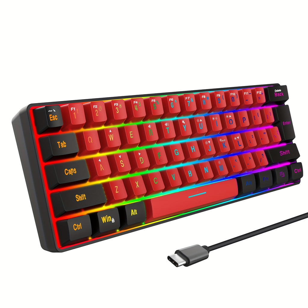 SNPURDIRI 60% Wired Gaming Keyboard, Small RGB Backlight Film Gaming Keyboard, Ultra-compact Mini Keyboard Suitable For Computer Game Players Black Red