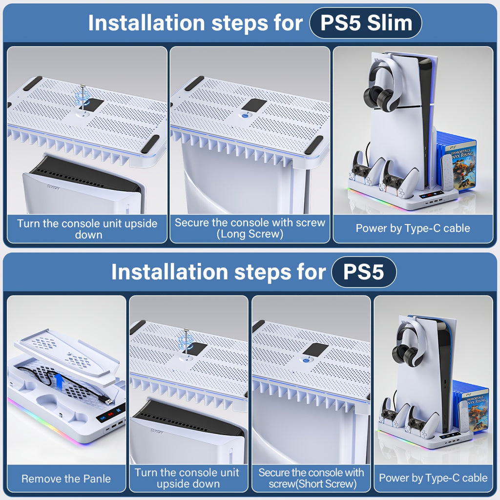 Cooling Station for PS5/Slim, Cooling Stand with LED Light, Dual Charging Station Compatible with Controller, Headset And Remote Holders, 16 Game Slots(NOT Compatible with PS5 Pro) - Christmas Gifts