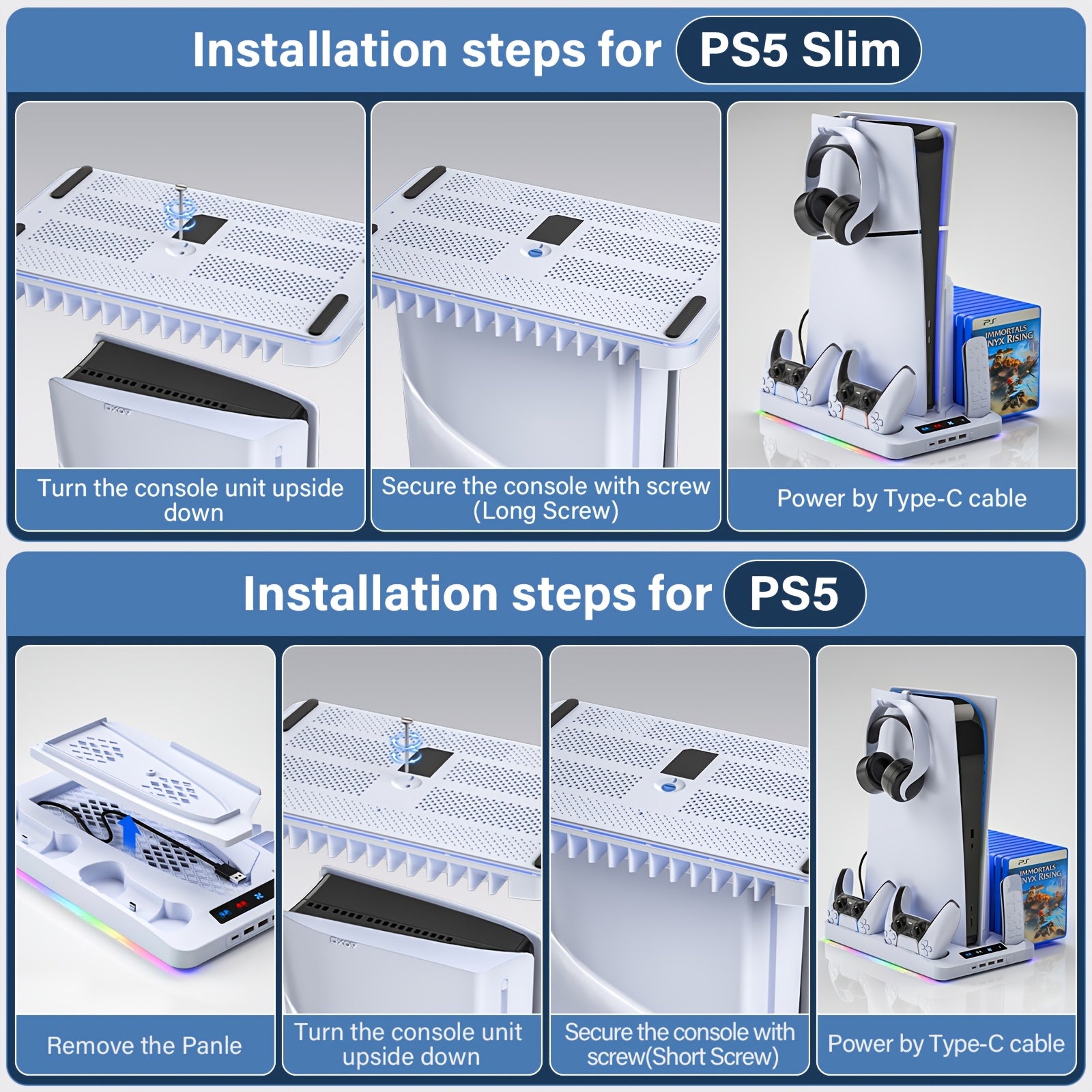 Cooling Station for PS5/Slim, Cooling Stand with LED Light, Dual Charging Station Compatible with Controller, Headset And Remote Holders, 16 Game Slots(NOT Compatible with PS5 Pro) - Christmas Gifts