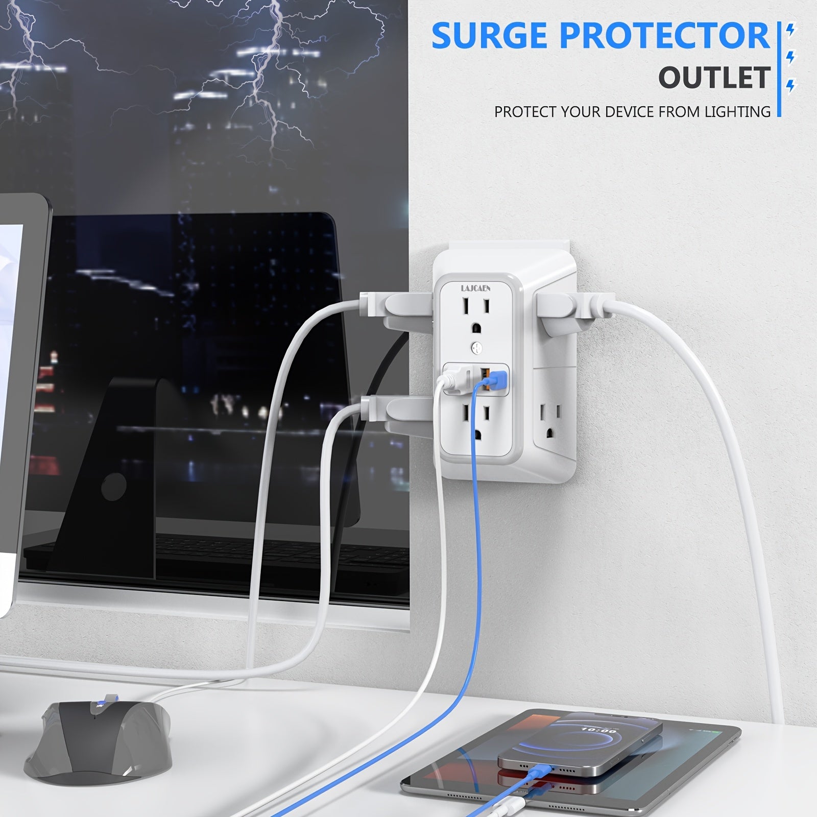 10-in-1 USB Wall Charger, Multi-Plug Wall Outlet Surge Protector, 6-Outlet AC Extender with 4 USB Charging Ports, 3-Sided 1050J Power Strip Multi-Plug Adapter for Home, Travel, Office (2A/2C), Total USB Output: 5V/3.1A, Multi-Plug Outlet for College