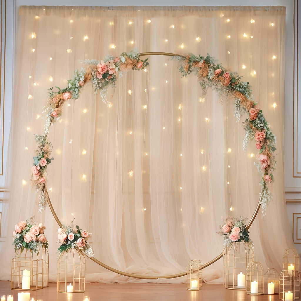 2pcs Photo Booth Props 5.2X10Ft Champagne Tulle Backdrop Non-Porous Tulle with String Lights for Party, Sheer Curtain Backdrop Wedding for Party Home Decoration