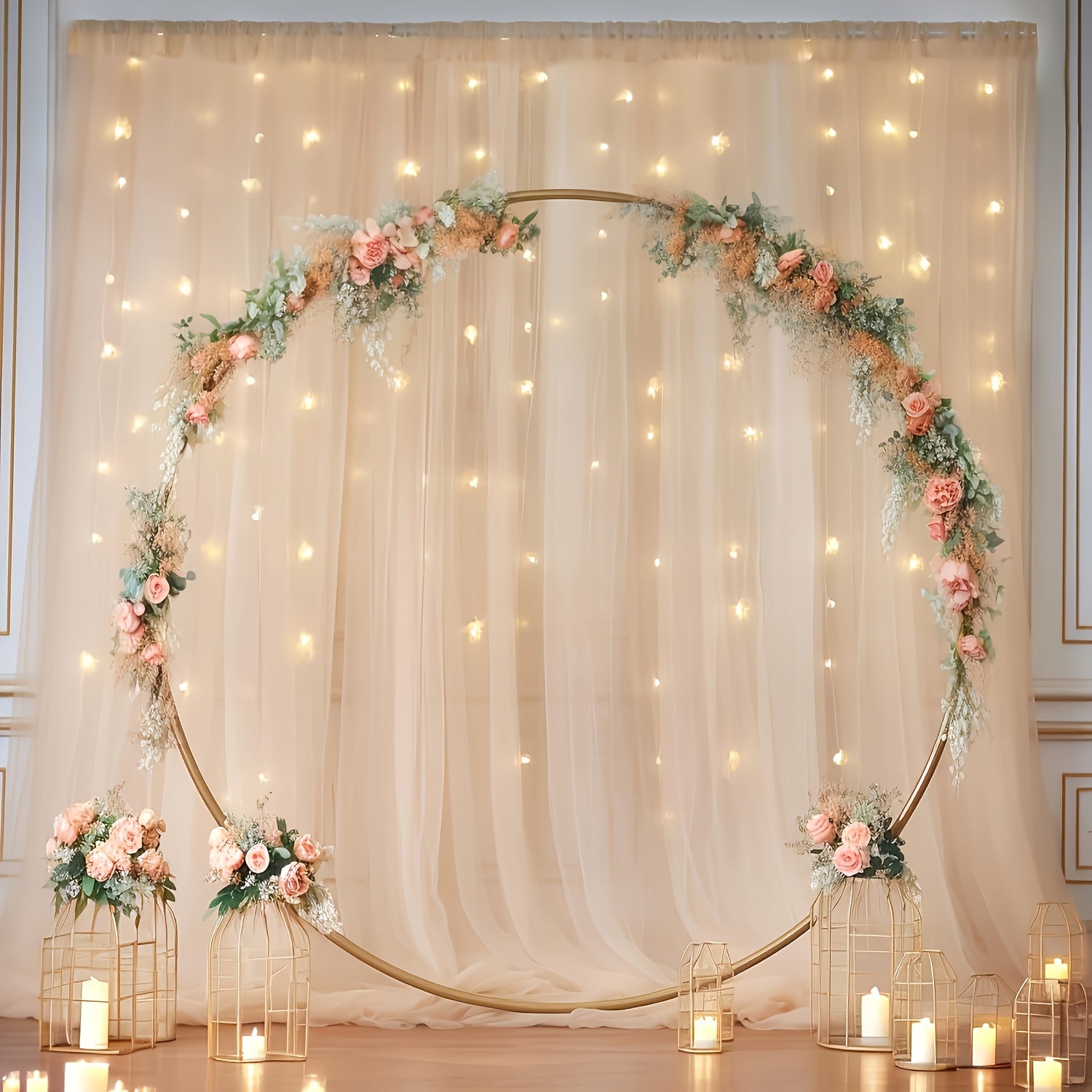 2pcs Photo Booth Props 5.2X10Ft Champagne Tulle Backdrop Non-Porous Tulle with String Lights for Party, Sheer Curtain Backdrop Wedding for Party Home Decoration