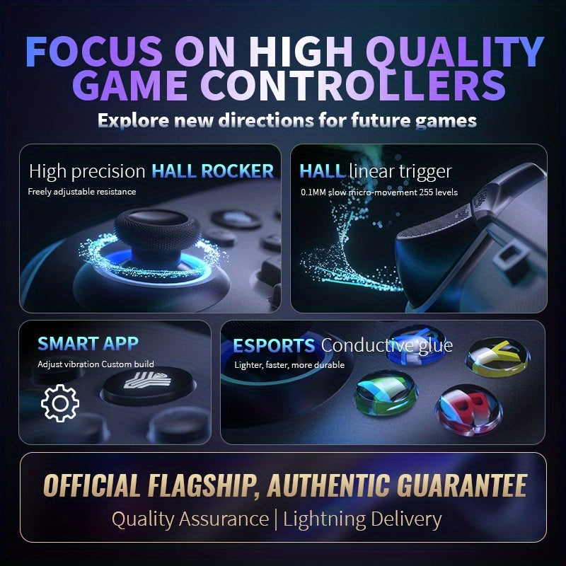 [RGB PC Controller] Wireless PC Controller, Featuring RGB Lighting/ Programming Keys/ Hall Joystick/ Hall Trigger/ Vibration, Three-Mode Switch Controller, Suitable For Windows PC, Android, Switch, Steam (Does Not Fit Xbox). A 1.5m Data Cable. Works Via P