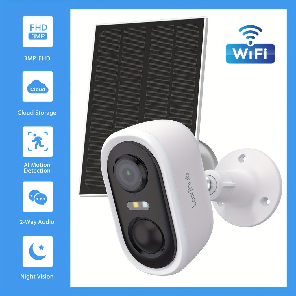Solar Powered Outdoor Wireless Security Camera, 1296P FHD, 3MP FHD Video Resolution, Battery Powered CCTV Camera 2.4GHz WIFI Camera for Home Security, Cloud/SD, AI Motion Detection, Spotlight, IP65 Color Night Vision, 2-Way Audio Surveillance Camera