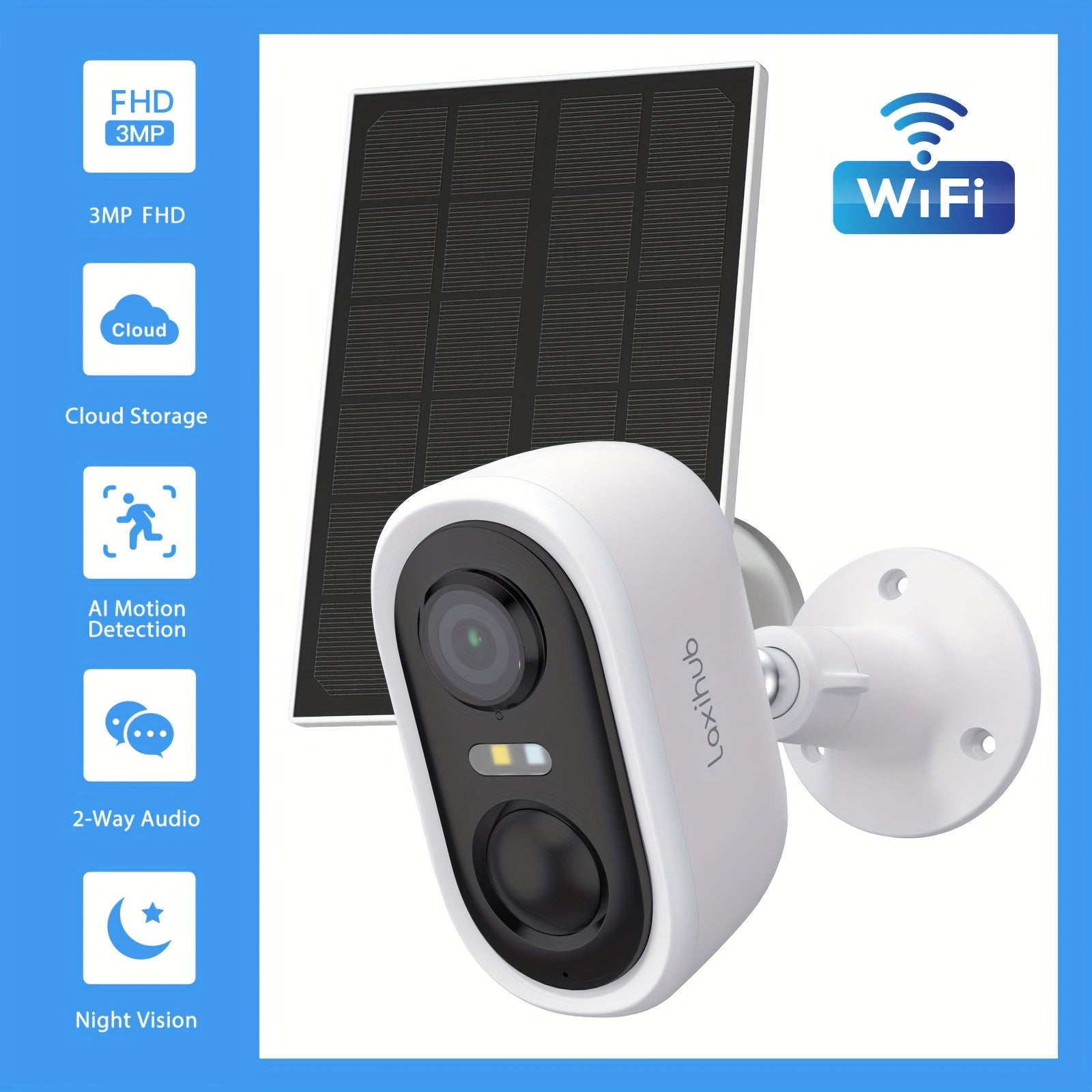 Solar Powered Outdoor Wireless Security Camera, 1296P FHD, 3MP FHD Video Resolution, Battery Powered CCTV Camera 2.4GHz WIFI Camera for Home Security, Cloud/SD, AI Motion Detection, Spotlight, IP65 Color Night Vision, 2-Way Audio Surveillance Camera