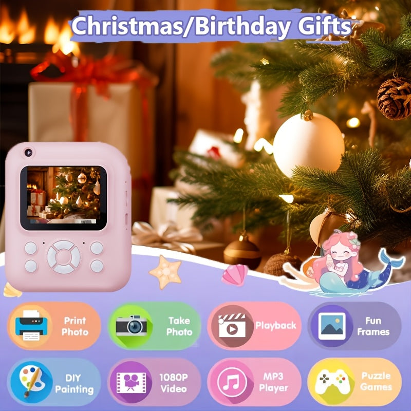 W&O Instant Print Camera With Print Paper - 48MP Digital Camera With Flash, MP4, Puzzle Game, 32G TF Card And Card Reader, Outdoor Photography Mini Digital Camera Printer With 2.4'' 1080P FHD Cartoon Photo Mini Camera - Great Birthday Christmas Gift