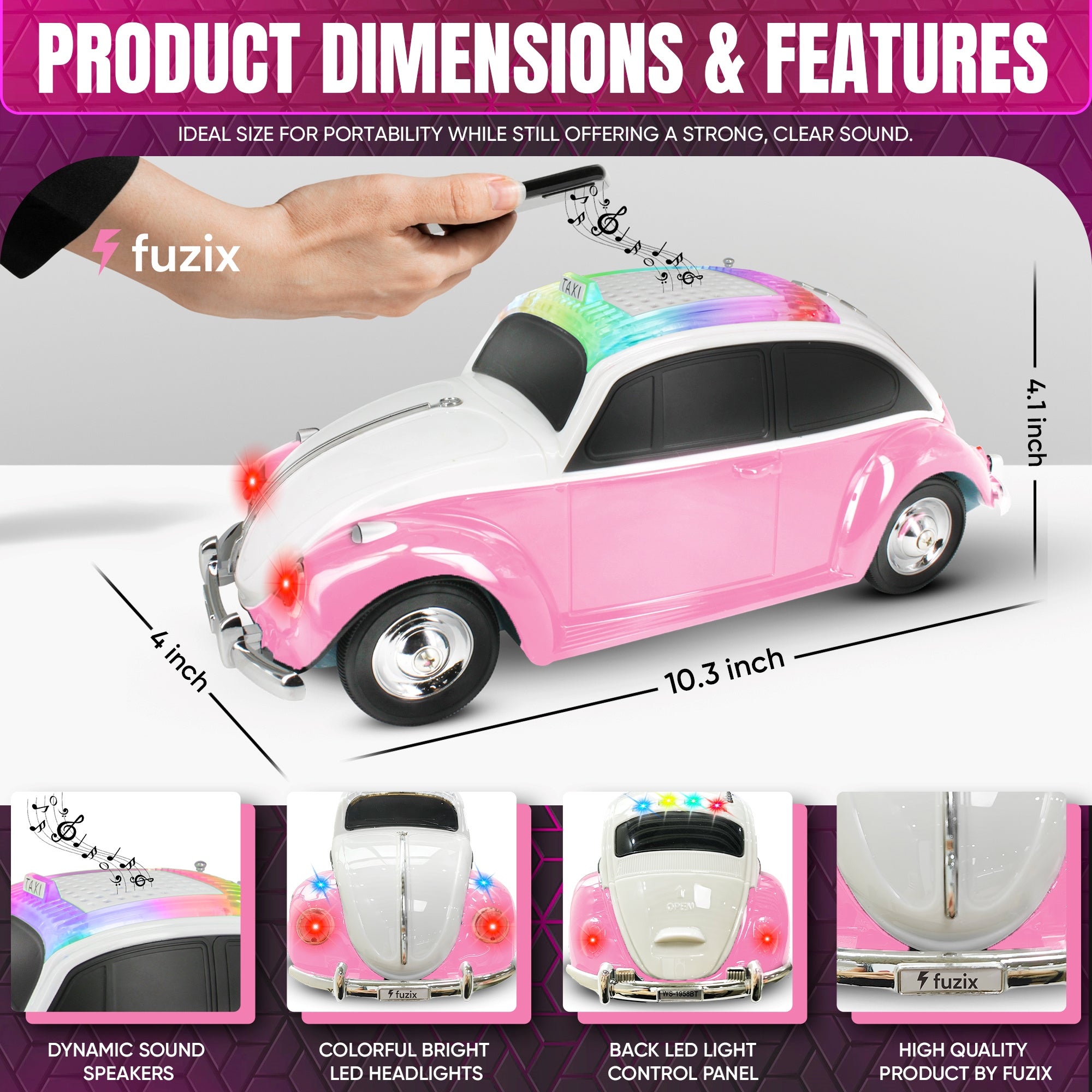 Fuzix WS-1958 Car Bluetooth Portable Speaker, Retro Car-Style Wireless Stereo Speaker with LED Headlights and Taillights, AUX/USB/TF/FM Radio Support, Rechargeable Battery, Clear and Powerful Sound Quality, Multiple Playback Modes, High-Quality Festival G