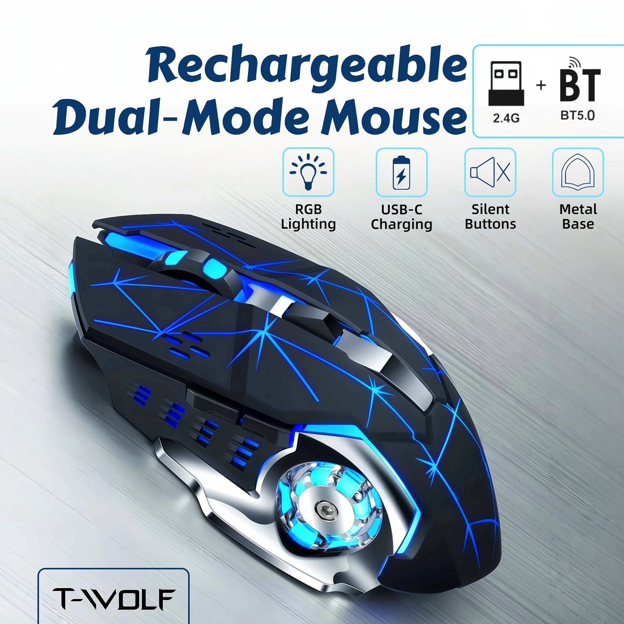 RGB Wireless Gaming Mouse - T-WOLF Rechargeable BT5.0 + 2.4G Dual-Mode Mouse, Silent 6-Button Full-Size Ergonomic Comfort for Extended Work & Gaming, Computer & Gaming Accessories, Cool RGB Desk Setup, Back to School Gift
