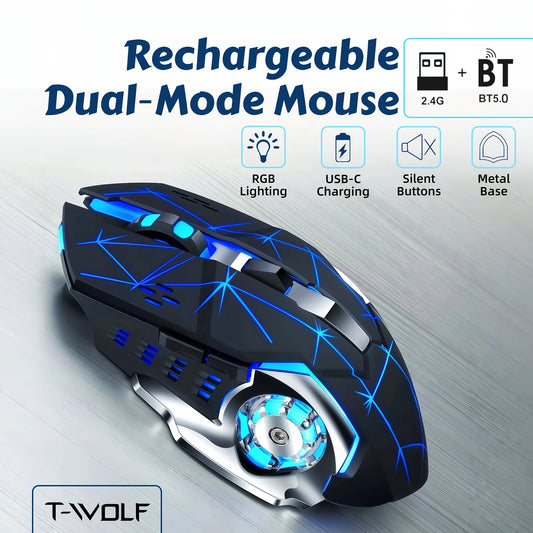 RGB Wireless Gaming Mouse - T-WOLF Rechargeable BT5.0 + 2.4G Dual-Mode Mouse, Silent 6-Button Full-Size Ergonomic Comfort for Extended Work & Gaming, Computer & Gaming Accessories, Cool RGB Desk Setup, Back to School Gift