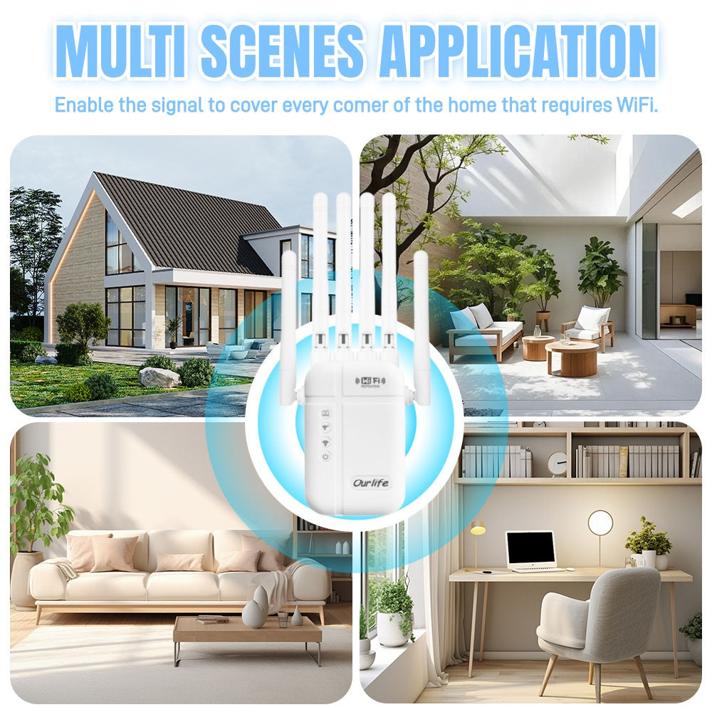 WiFi Extender Signal Booster, Covers Up to 5000 Sq Ft and 52 Devices, WiFi Range Extender, Wireless Internet Repeater, Remote Amplifier with Ethernet Port, 1-Button Setup, Access Point, Alexa Compatible (6-Antenna Black Repeater)