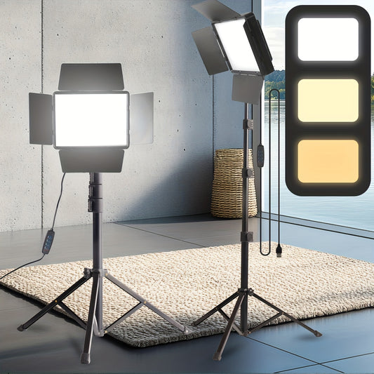 Photography Lighting Set, Studio Fill Lights with 51-Inch Adjustable Tripod, 10-Inch Square LED Fill Light, Dimmable 3 Color Lighting, 4pcs Baffles, Lighting for Video Recording, Photo Studio Conference Selfie Live