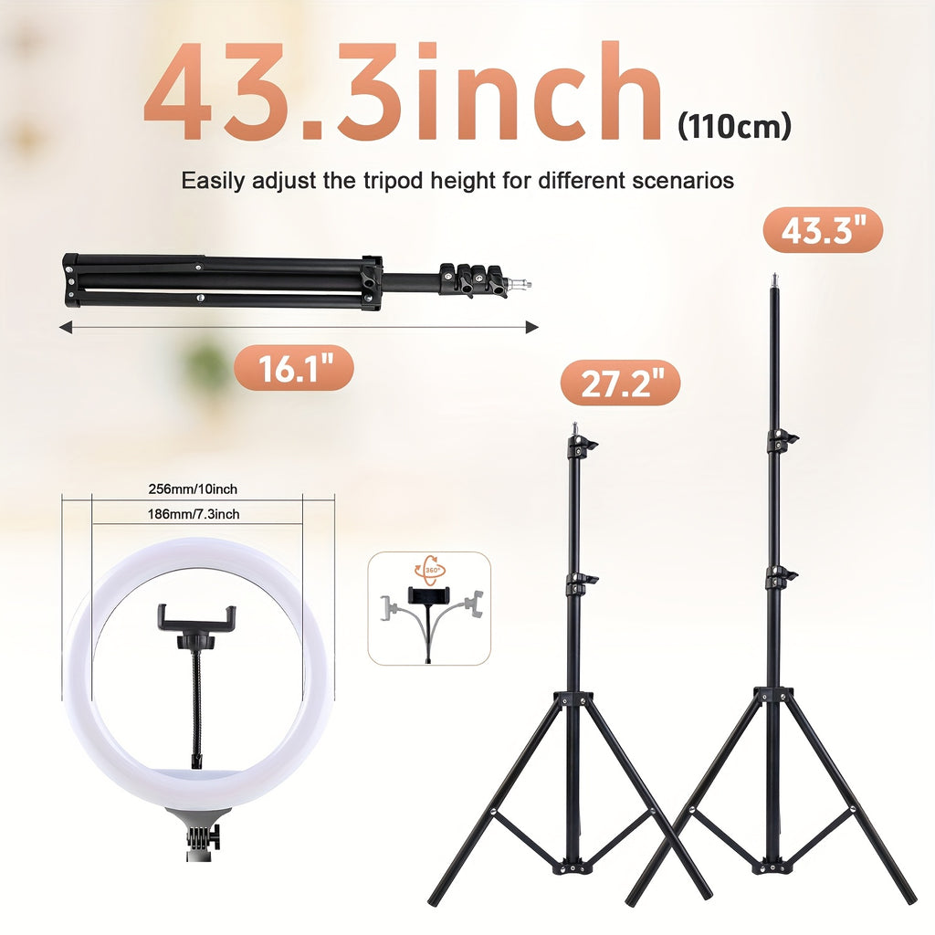 10" Ring Light with 43" Extendable Tripod Stands And Phone Holder, Dimmable LED Circle Round Light for Selfie Camera Photography/Makeup/YouTube Video/Vlogging/Live Streaming