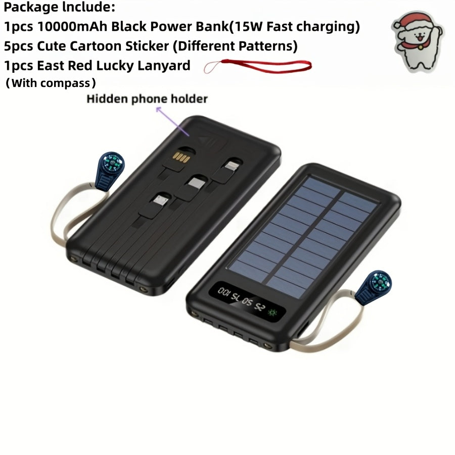 10000/20000/30000mAh 5W Slow Charging/15W Fast Charging Multifunctional Solar Power Bank With Ultra-bright LED Light, Large Capacity Rechargeable Portable Mobile Phone Charger Built-in 4 Cables Digital Display Dual Usb Port USB-C Input